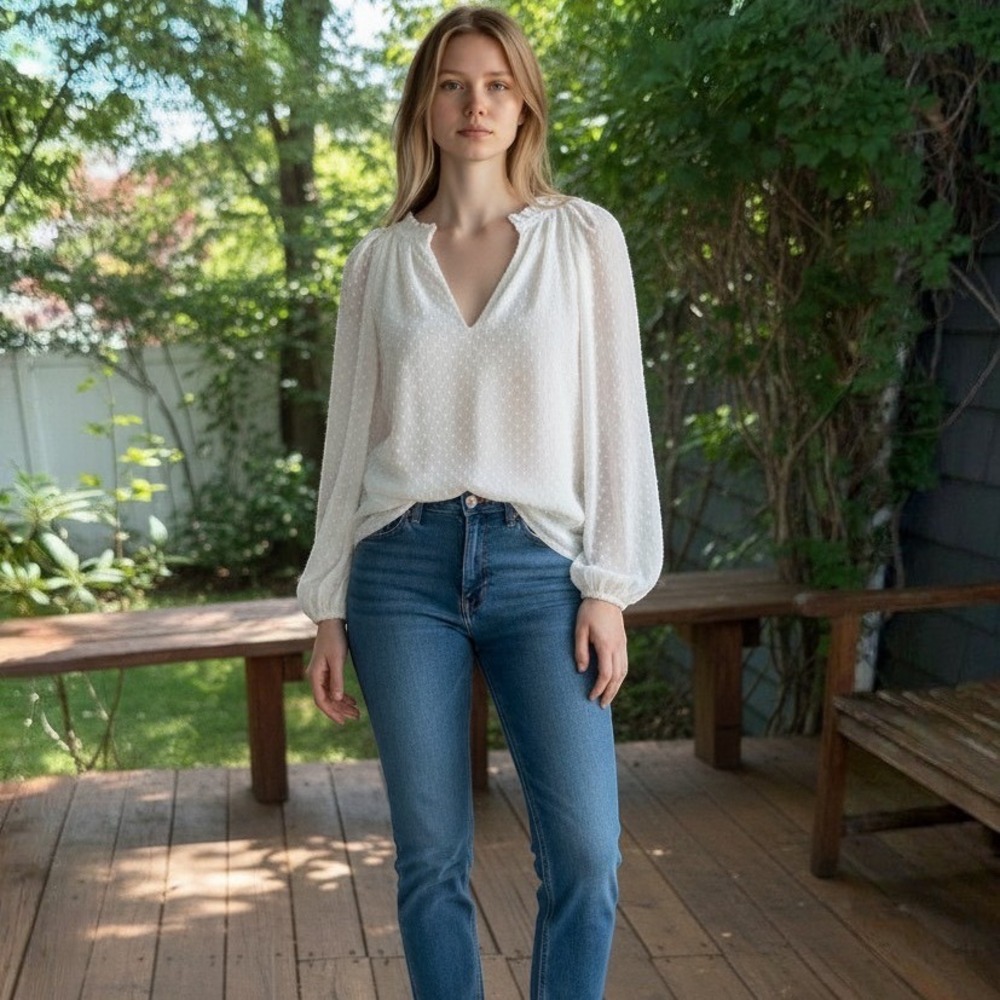 Diane von Furstenberg DVF Cream Swiss Dot V-Neck Blouse Ivory Long Sleeve Top 12